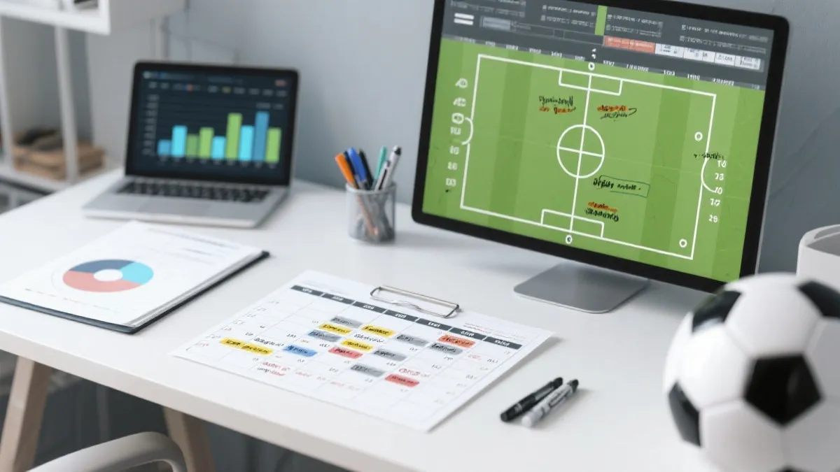 战术分析桌面与赛程表、记号笔标注关键场次，用于世界杯首球竞猜策略