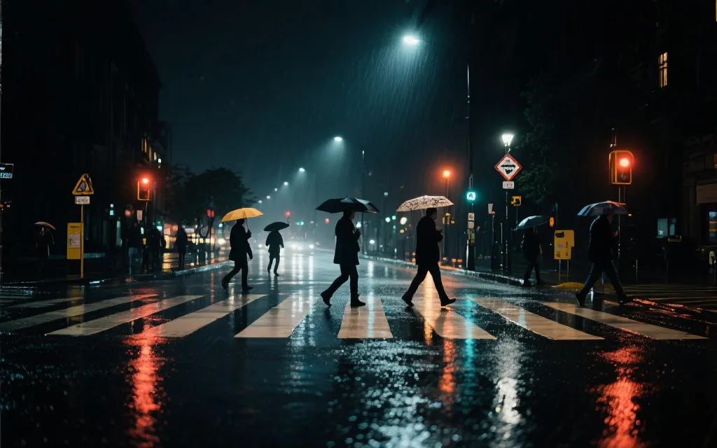 雨夜城市街道的行人安全与交通指引氛围图