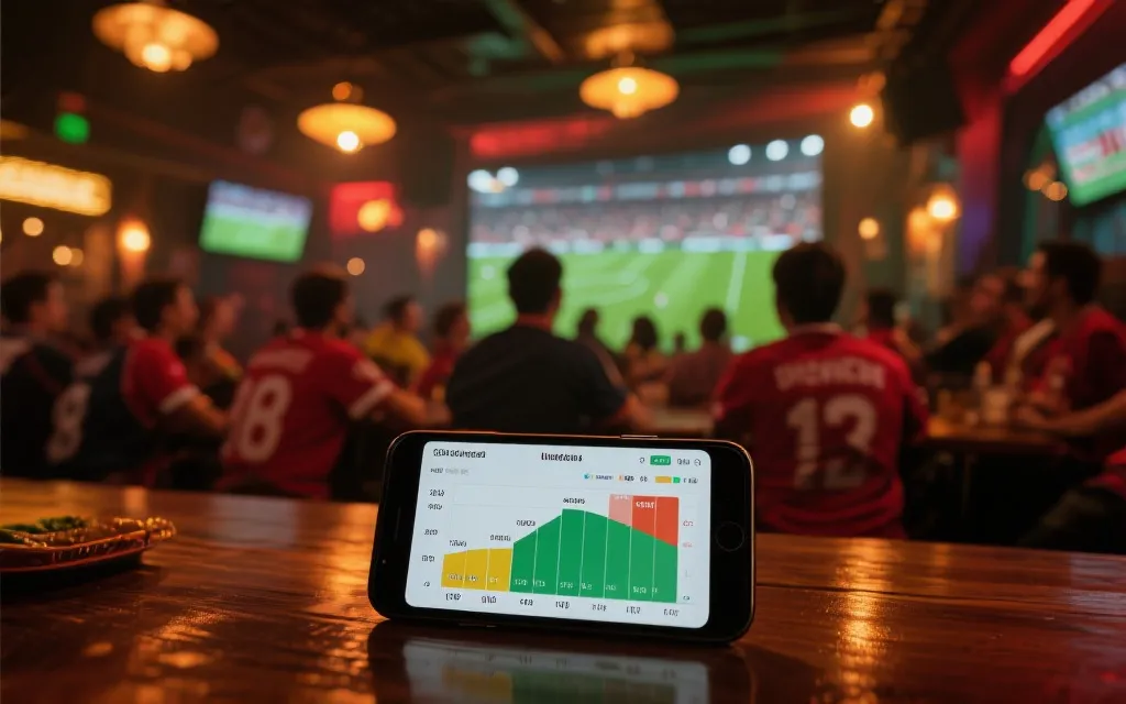 球迷酒吧里看球与手机上数据图表并列的画面