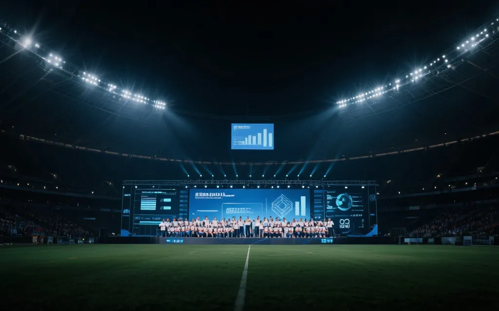世界杯小组赛球场夜景，观众席与战术数据叠加的视觉概念图