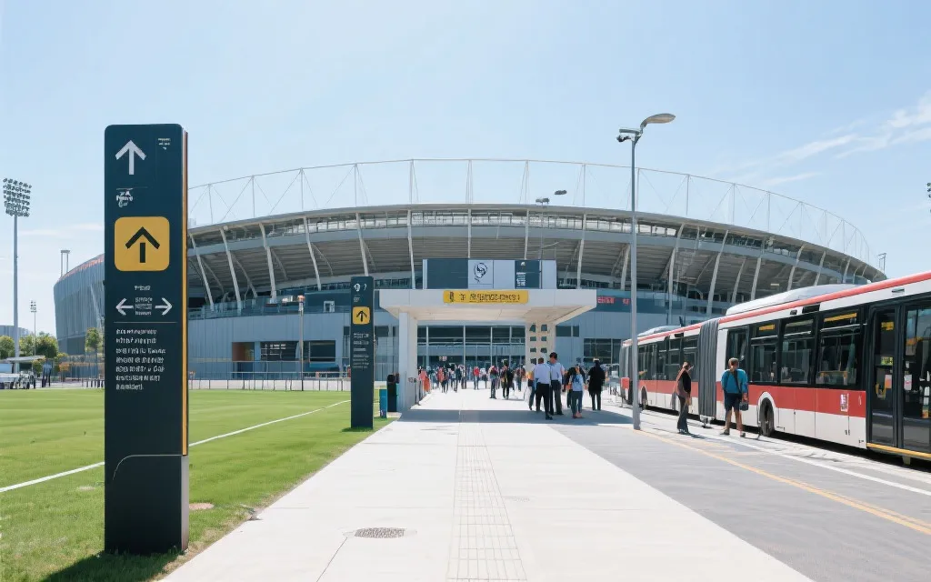 现代化足球场入口与公共交通接驳区的人流组织示意